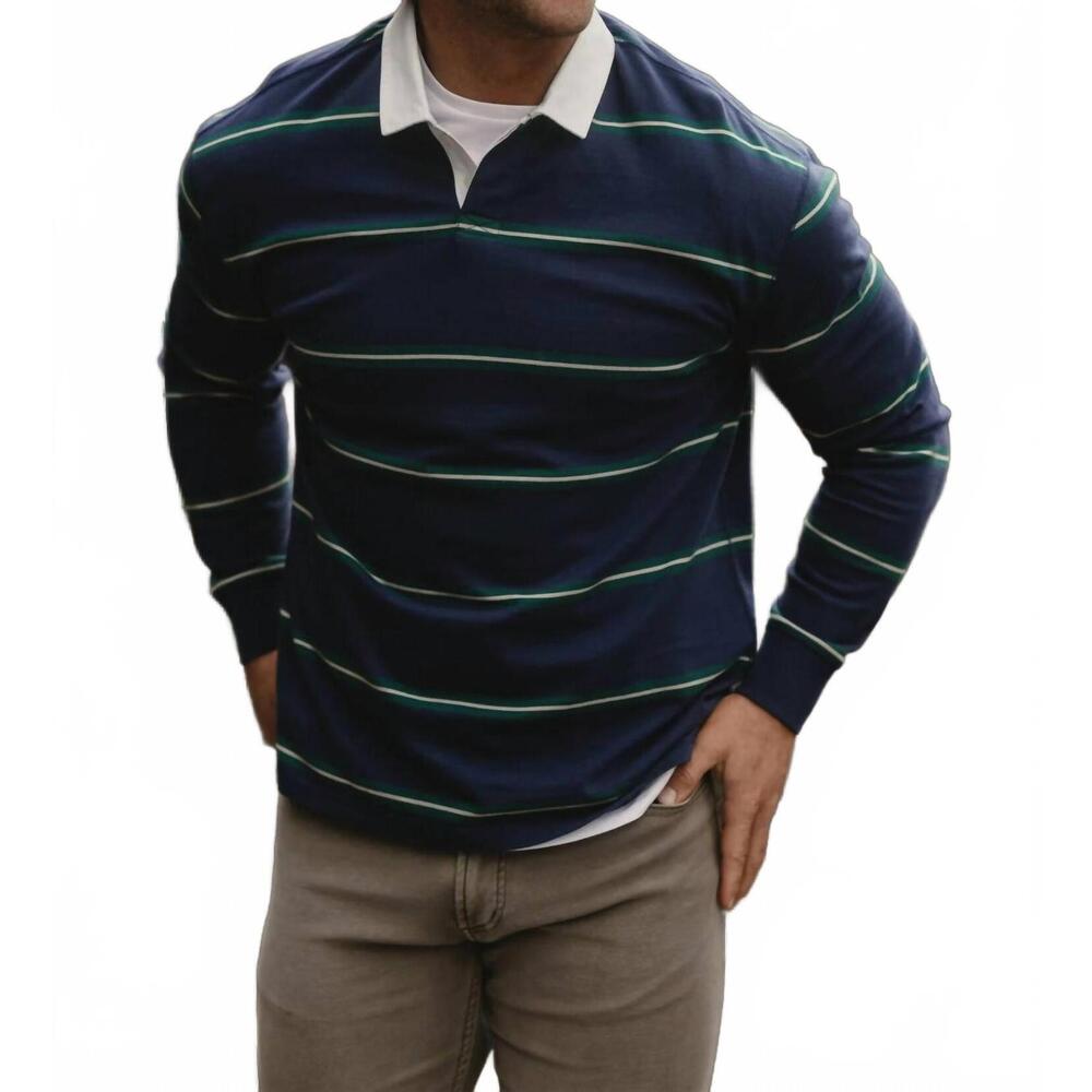 NEW THE NORMAL BRAND lennox jersey rugby polo in navy stripe